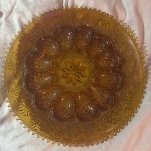 Vintage INDIANA Amber Glass Hobnail Deviled Egg 11.25" Plate Eggs Dish